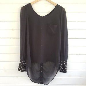 Double‎ zero semi sheer snap back hi low blouse with metal studded cuffs …